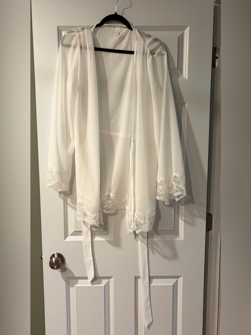 Sheer Lace-Trim White Robe with Tie Belt